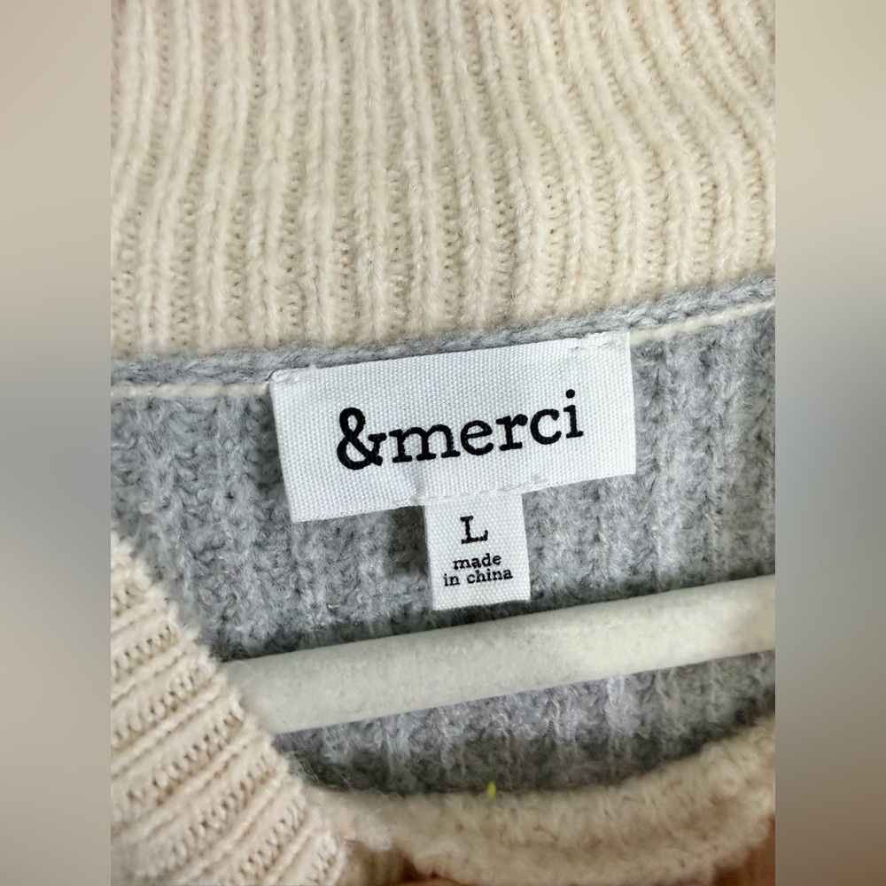 &Merci Sweater Colorblock Mock Turtleneck Cream Gray Black Heavy Warm Women L - Picture 5 of 6